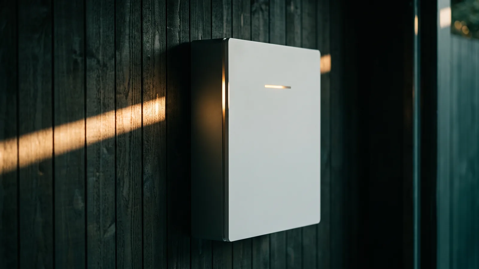 Wall-mounted home battery in dusk light