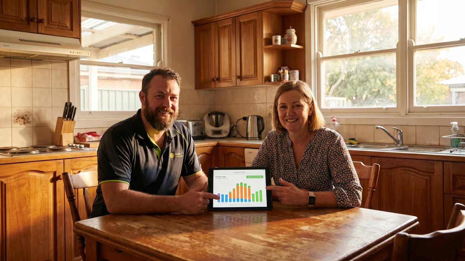 A solar consultant showing an Australian homeowner their energy savings plan on a tablet