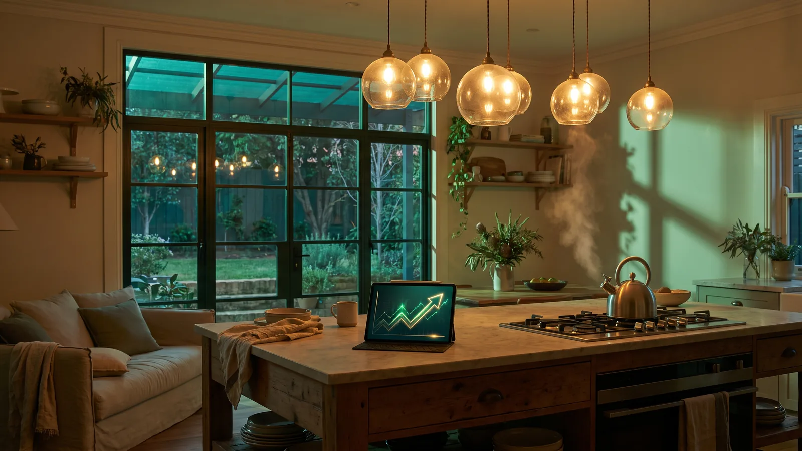Evening kitchen with an energy dashboard on a tablet