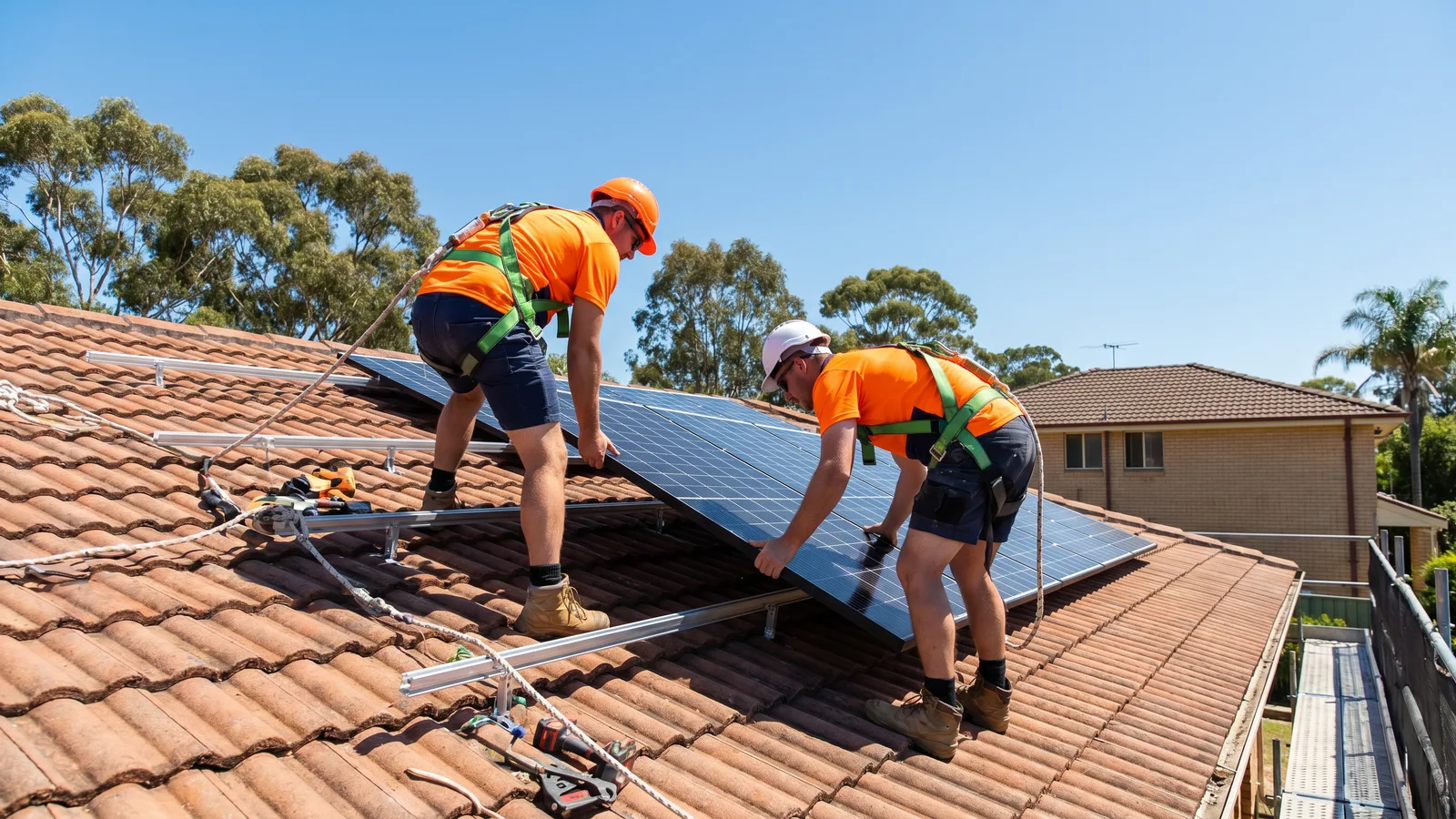 CEC-accredited installers fitting black solar panels on an Australian home